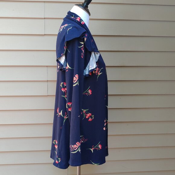 Isaac Liev Dark Blue Floral Print Cardigan Top Open-Front Long Sleeves Ruffle - Picture 9 of 11